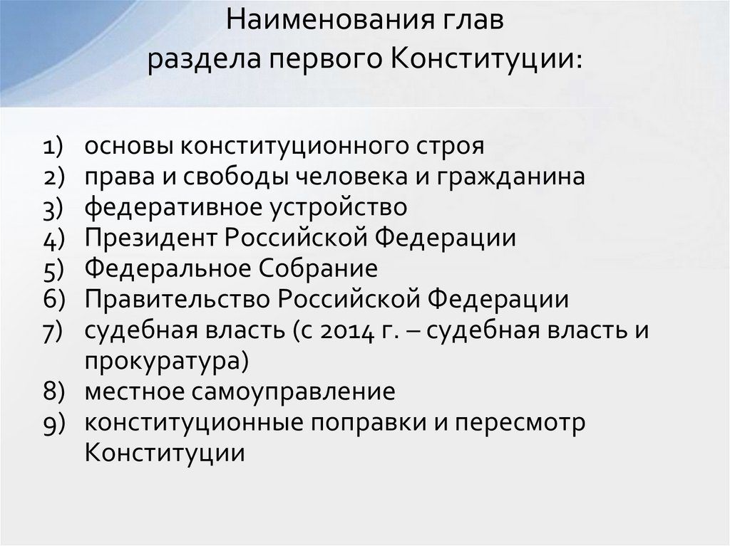 Наименования глав раздела первого Конституции: