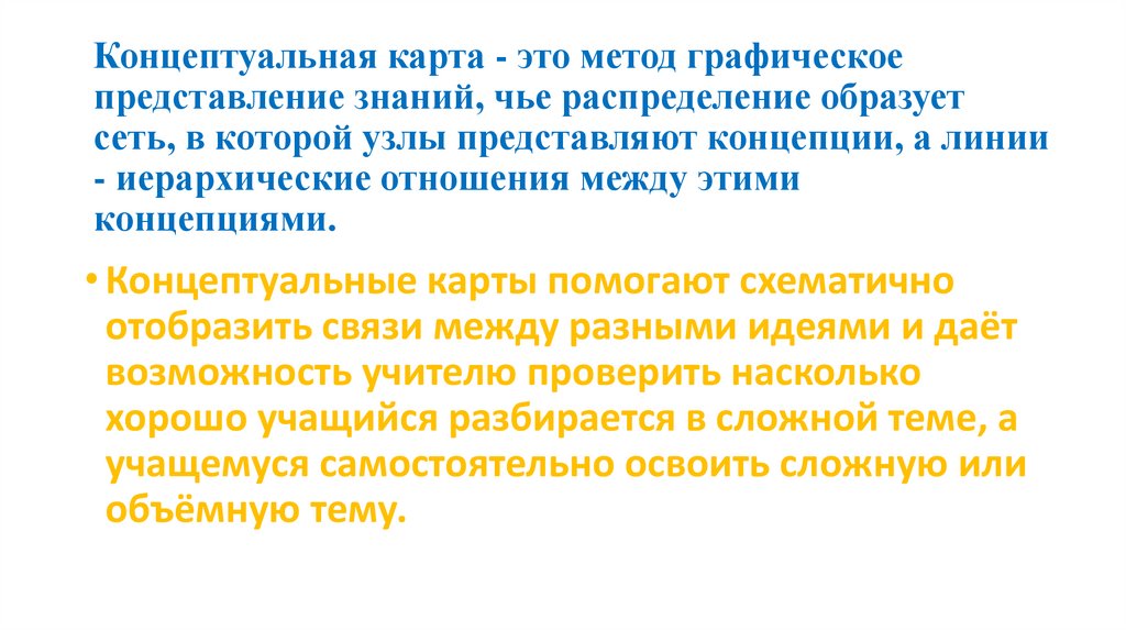 Концептуальная карта - это метод графическое представление знаний, чье распределение образует сеть, в которой узлы представляют