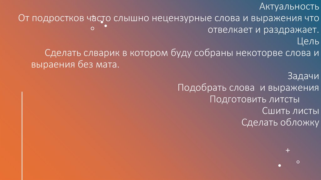 Актуальность От подростков часто слышно нецензурные слова и выражения что отвелкает и раздражает. Цель Сделать слварик в