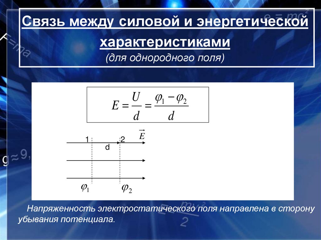 Связь между силовой и энергетической характеристиками (для однородного поля)