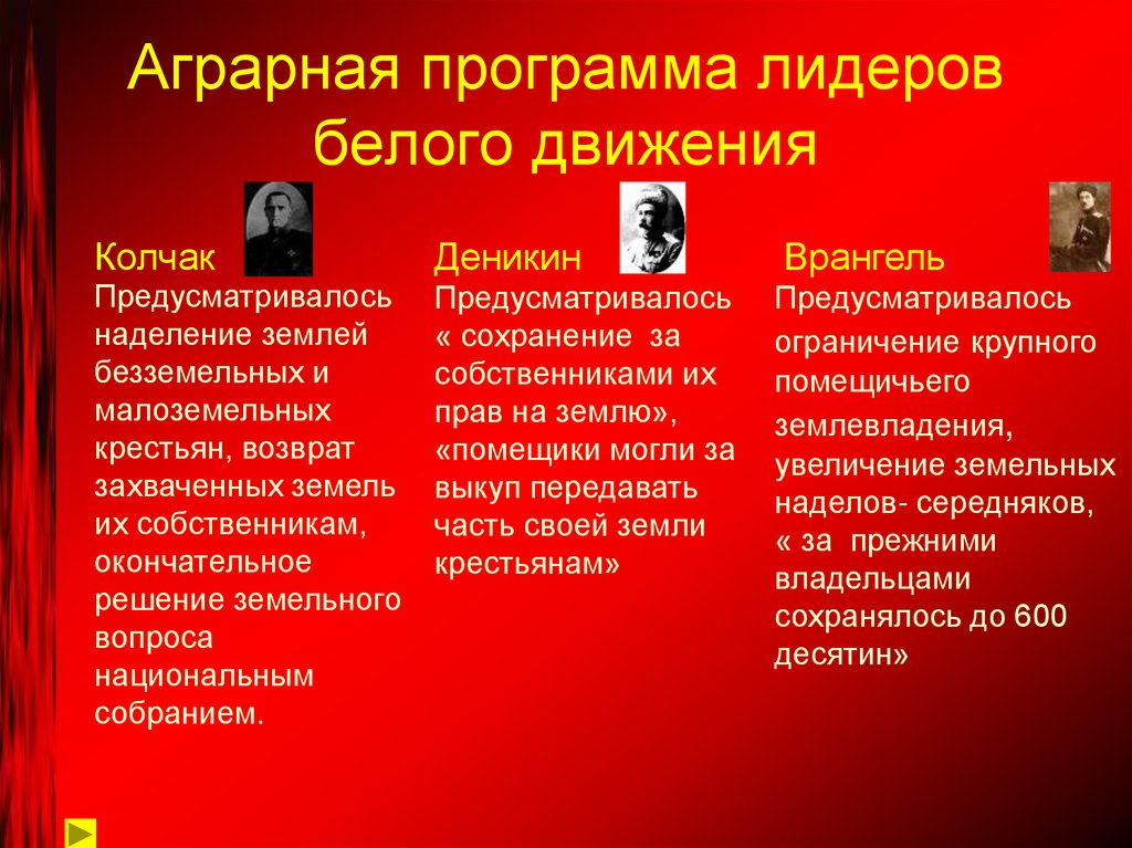 Аграрная программа лидеров белого движения