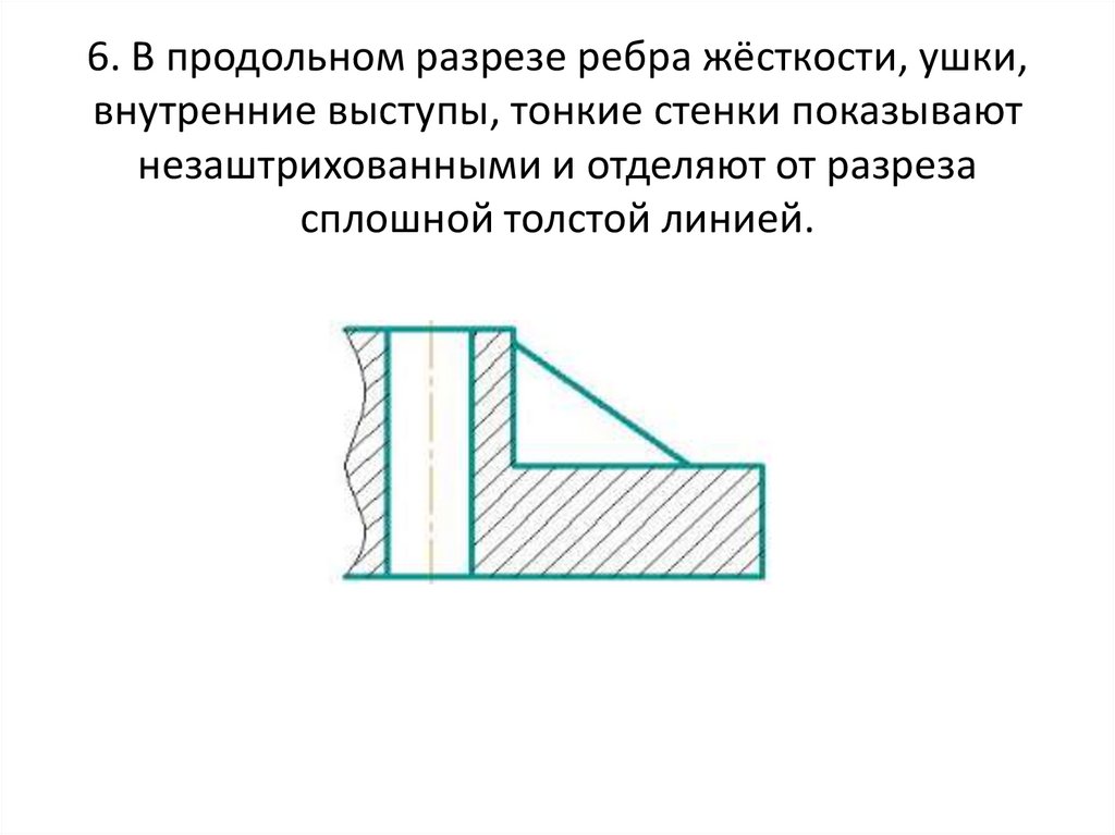 6. В продольном разрезе ребра жёсткости, ушки, внутренние выступы, тонкие стенки показывают незаштрихованными и отделяют от