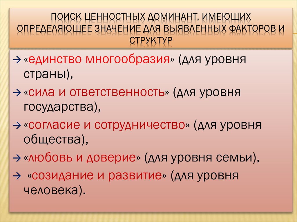 поиск ценностных доминант, имеющих определяющее значение для выявленных факторов и структур