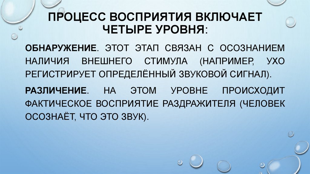 Процесс восприятия включает четыре уровня: