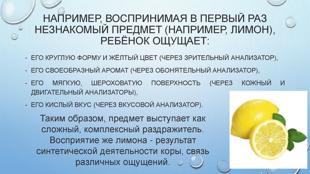 Например, воспринимая в первый раз незнакомый предмет (например, лимон), ребёнок ощущает: