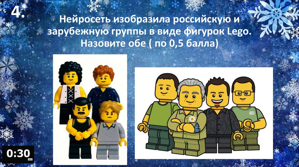 Нейросеть изобразила российскую и зарубежную группы в виде фигурок Lego. Назовите обе ( по 0,5 балла)