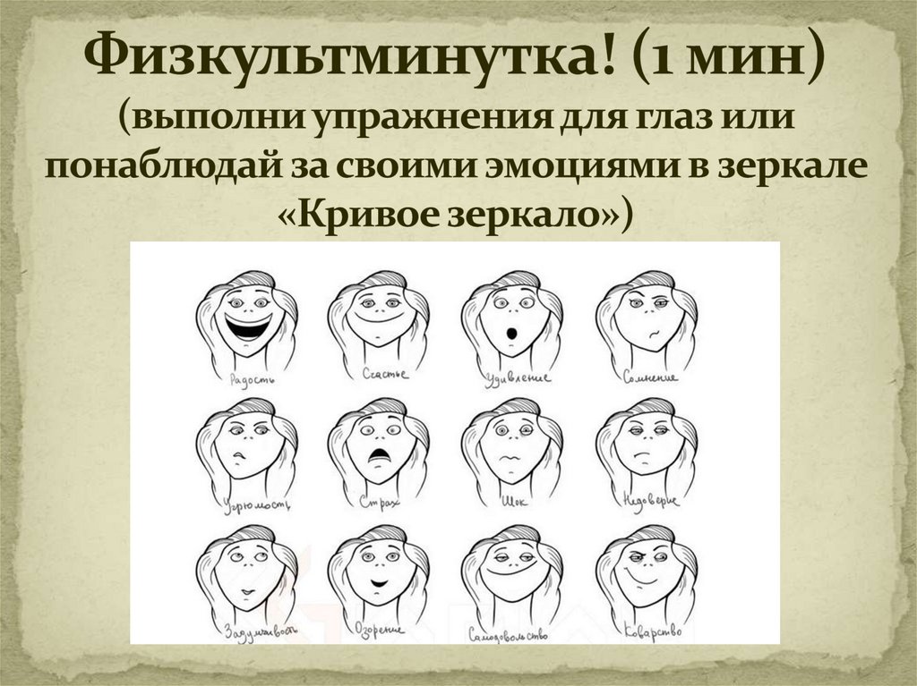 Физкультминутка! (1 мин) (выполни упражнения для глаз или понаблюдай за своими эмоциями в зеркале «Кривое зеркало»)
