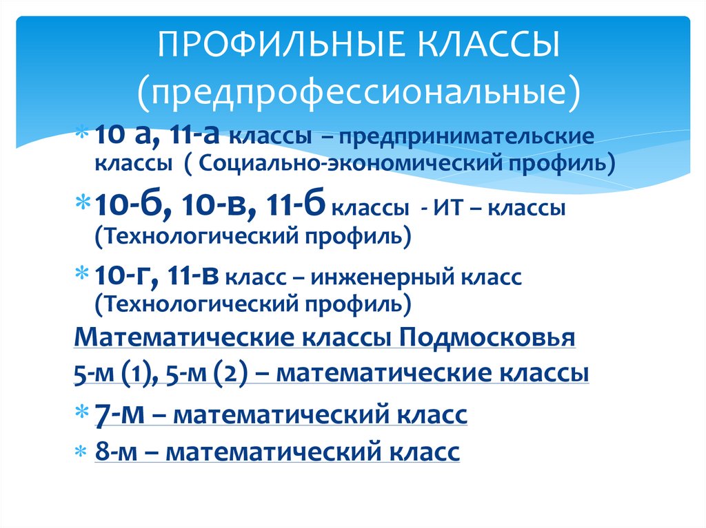 ПРОФИЛЬНЫЕ КЛАССЫ (предпрофессиональные)