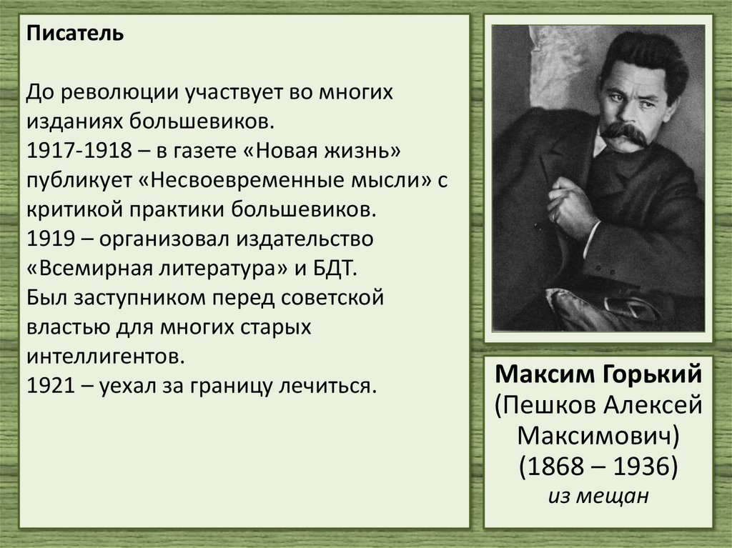 Писатель До революции участвует во многих изданиях большевиков. 1917-1918 – в газете «Новая жизнь» публикует «Несвоевременные