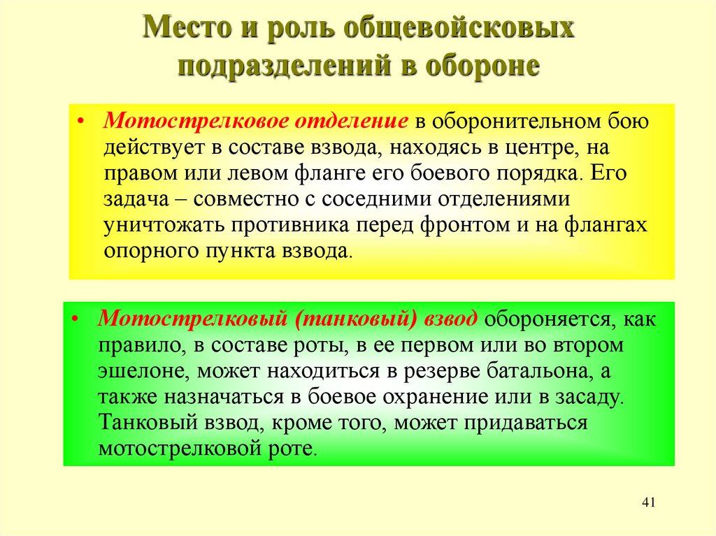 Место и роль общевойсковых подразделений в обороне