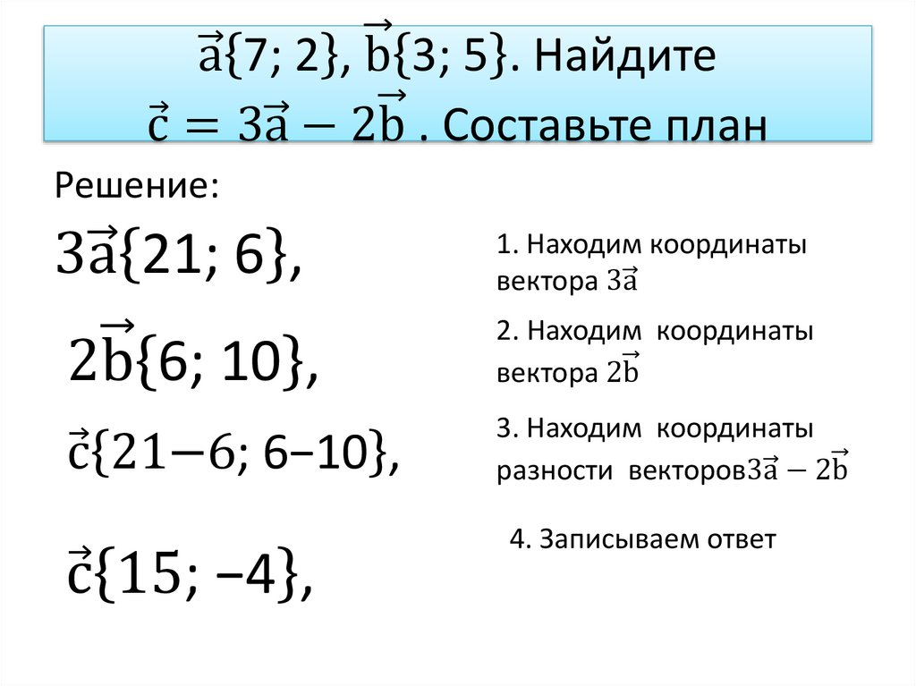 а ⃗{"7; 2" }, b ⃗{"3; 5" }. Найдите с ⃗=3а ⃗-2b ⃗ . Составьте план