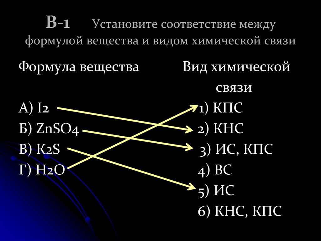 В-1 Установите соответствие между формулой вещества и видом химической связи
