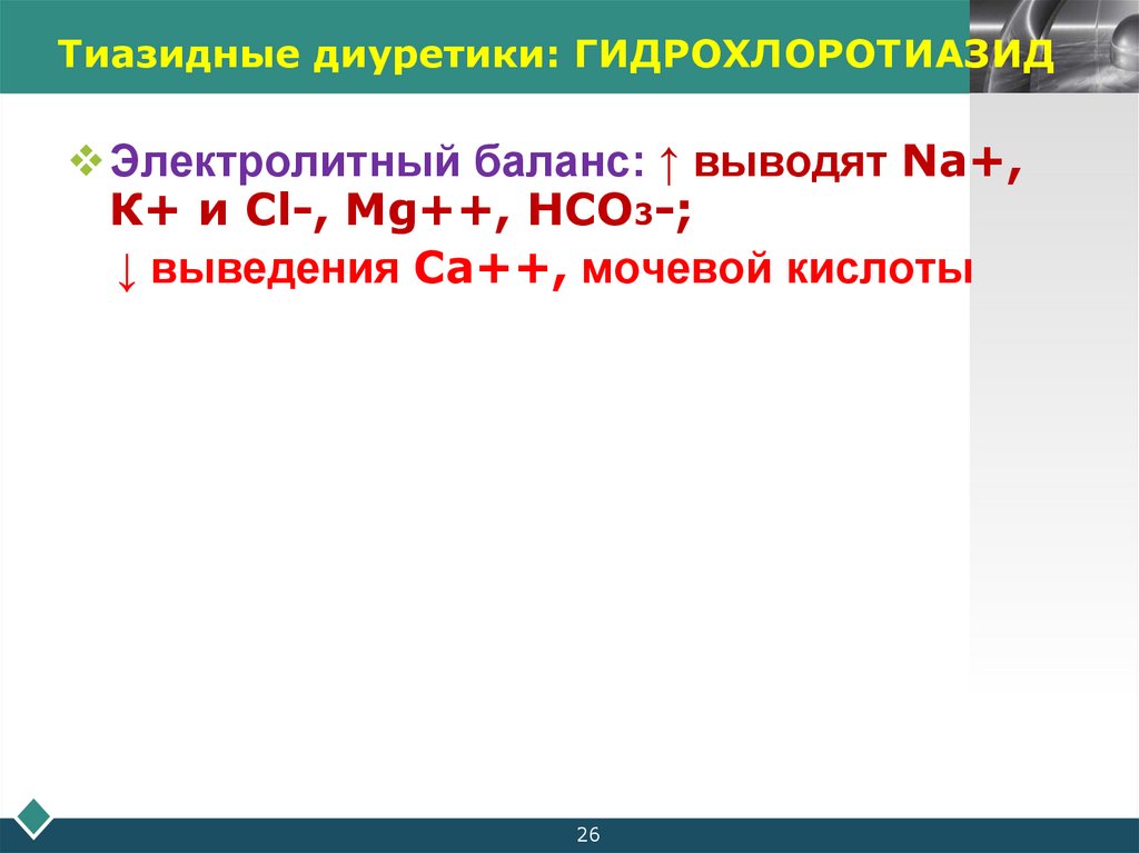 Тиазидные диуретики: ГИДРОХЛОРОТИАЗИД