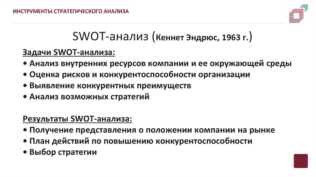 SWOT-анализ (Кеннет Эндрюс, 1963 г.)