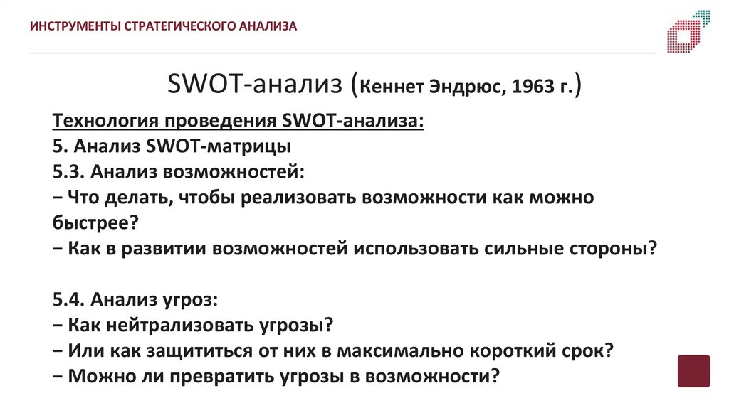SWOT-анализ (Кеннет Эндрюс, 1963 г.)