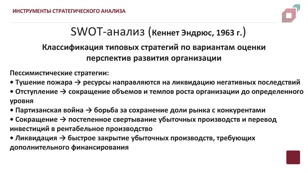 SWOT-анализ (Кеннет Эндрюс, 1963 г.)