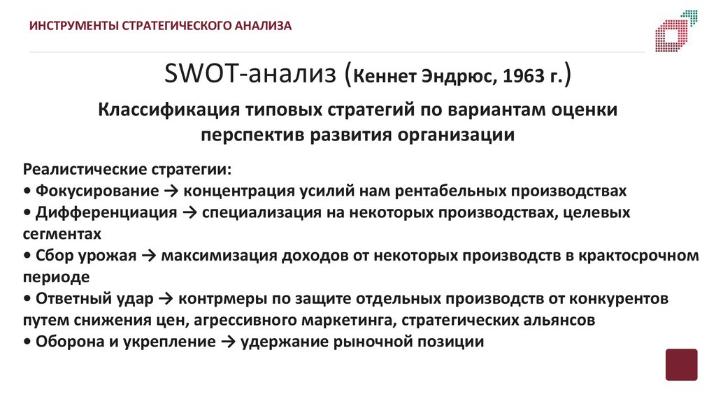 SWOT-анализ (Кеннет Эндрюс, 1963 г.)