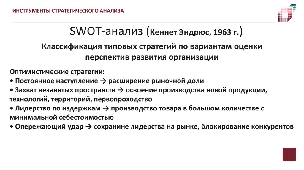SWOT-анализ (Кеннет Эндрюс, 1963 г.)