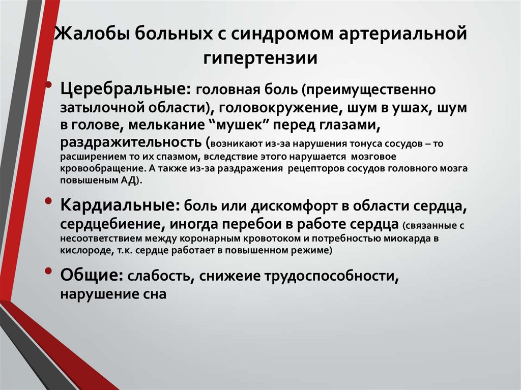 Жалобы больных с синдромом артериальной гипертензии