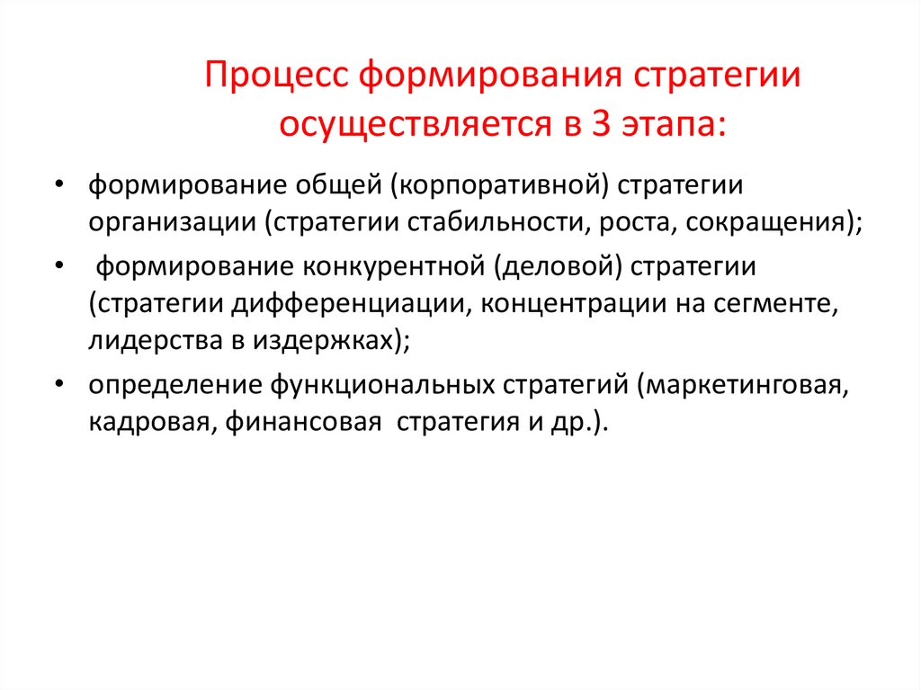 Процесс формирования стратегии осуществляется в 3 этапа:
