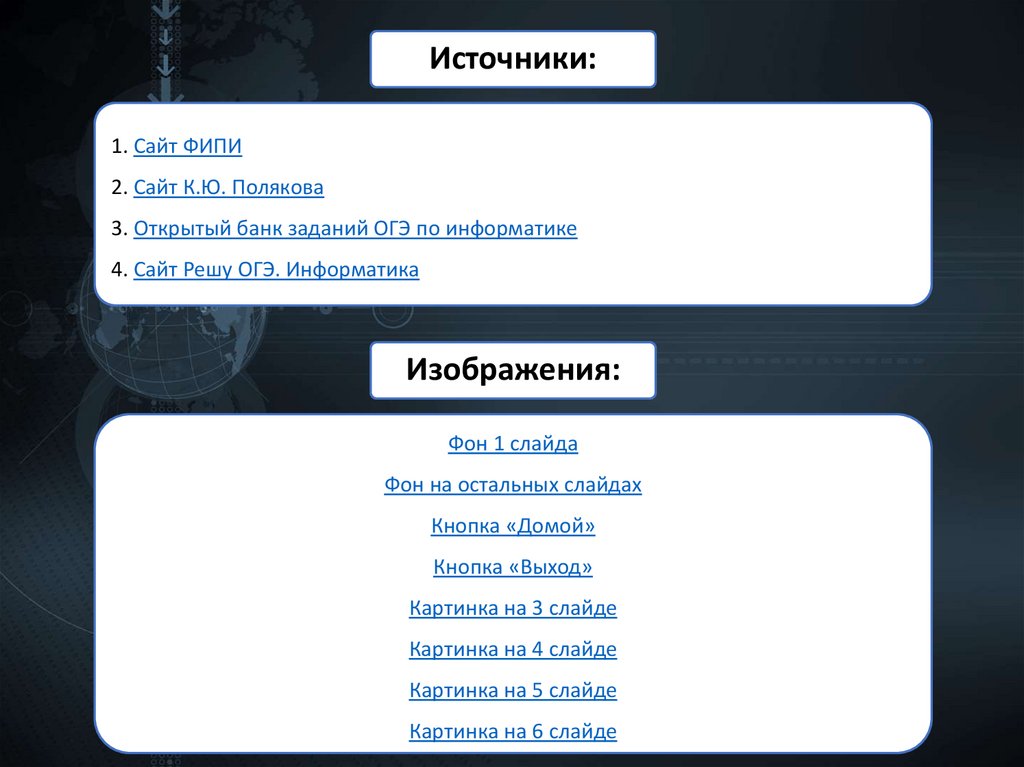 1. Сайт ФИПИ 2. Сайт К.Ю. Полякова 3. Открытый банк заданий ОГЭ по информатике 4. Сайт Решу ОГЭ. Информатика