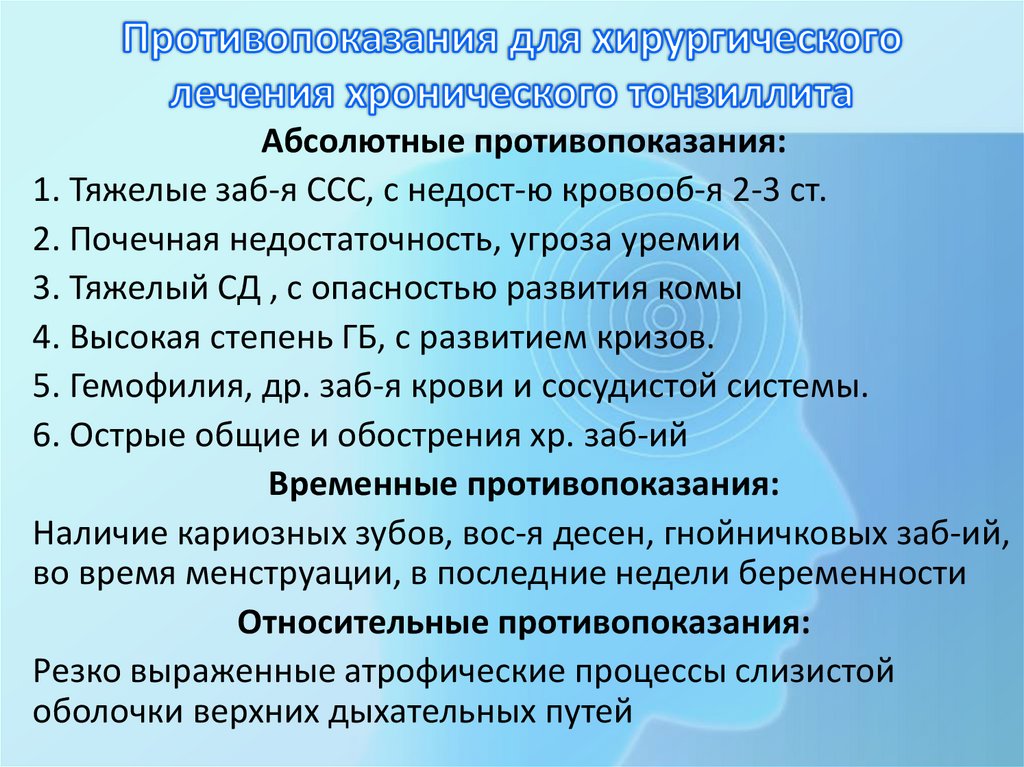 Противопоказания для хирургического лечения хронического тонзиллита