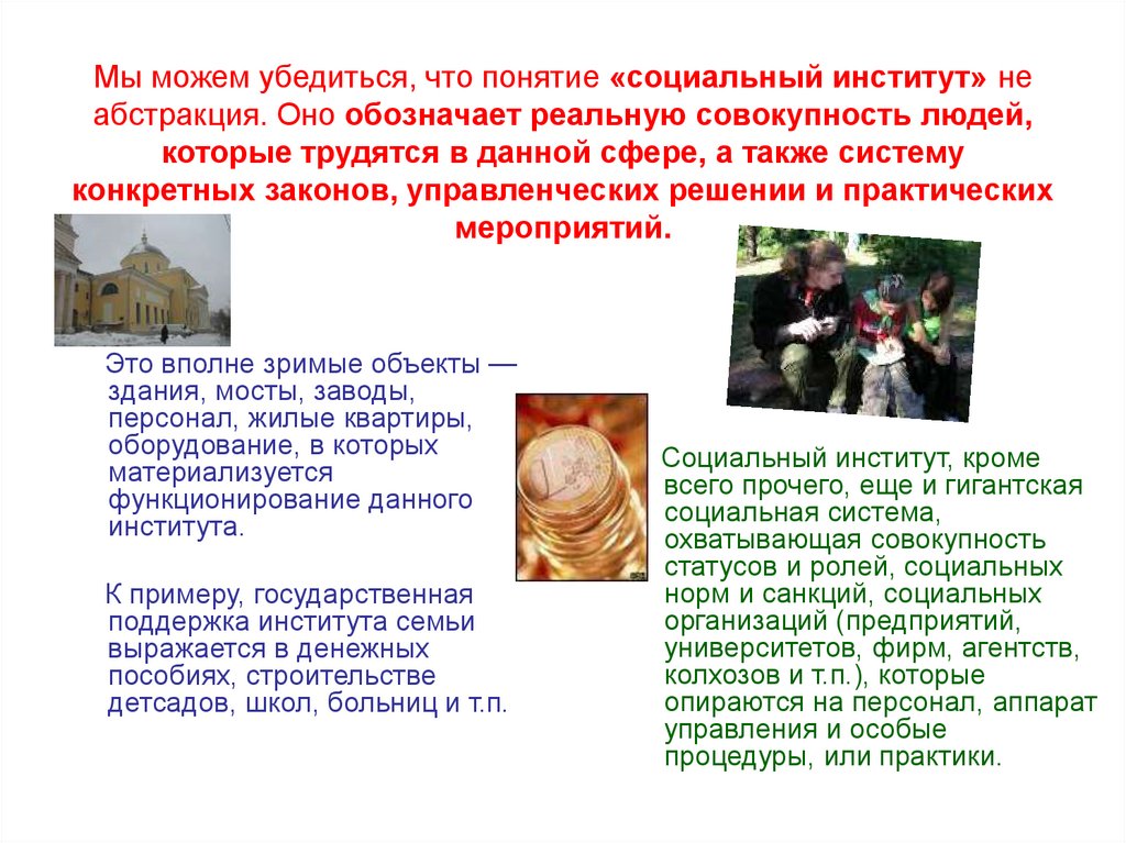 Мы можем убедиться, что понятие «социальный институт» не абстракция. Оно обозначает реальную совокупность людей, которые