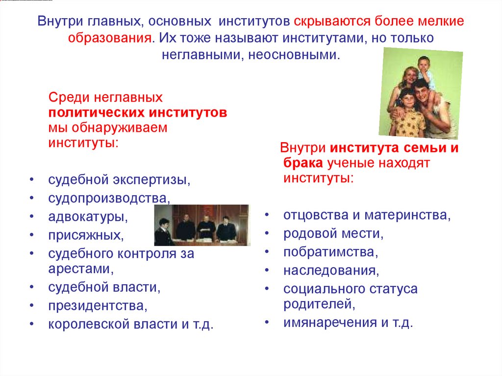 Внутри главных, основных институтов скрываются более мелкие образования. Их тоже называют институтами, но только неглавными,