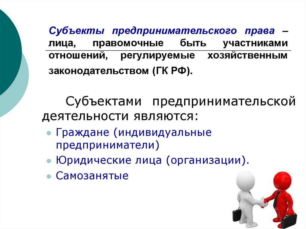 Субъекты предпринимательского права – лица, правомочные быть участниками отношений, регулируемые хозяйственным