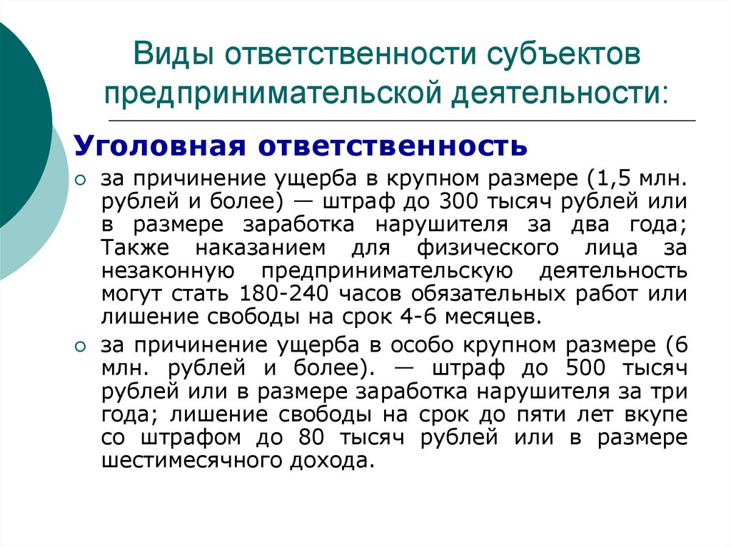 Виды ответственности субъектов предпринимательской деятельности: