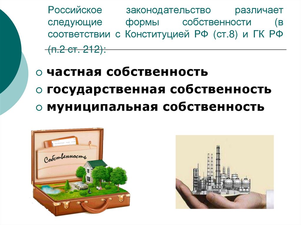 Российское законодательство различает следующие формы собственности (в соответствии с Конституцией РФ (ст.8) и ГК РФ (п.2 ст.