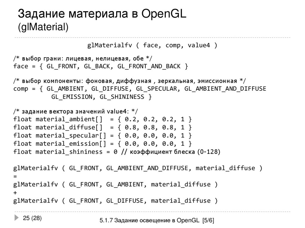 Задание материала в OpenGL (glMaterial)