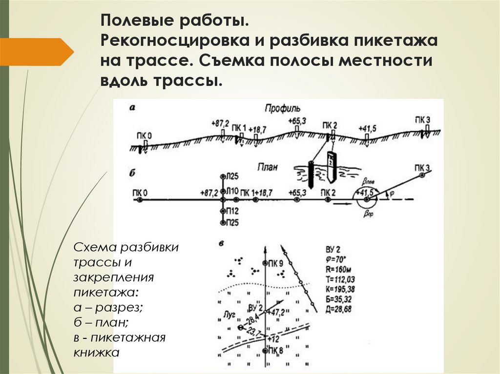 Полевые работы. Рекогносцировка и разбивка пикетажа на трассе. Съемка полосы местности вдоль трассы.