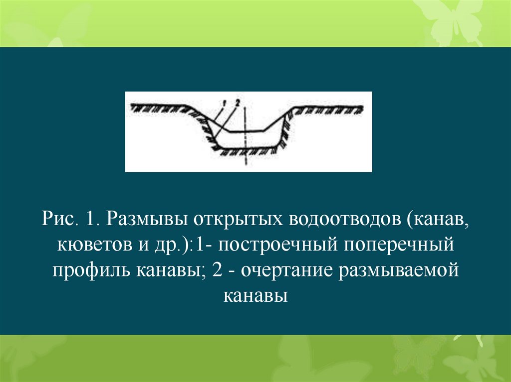 Рис. 1. Размывы открытых водоотводов (канав, кюветов и др.):1- построечный поперечный профиль канавы; 2 - очертание размываемой