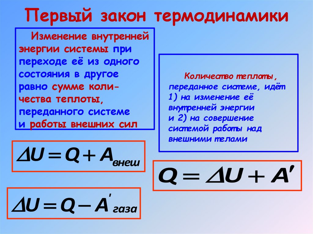 Если при нагревании газ расширяется и при этом совершает работу A, то первый закон термодинамики можно сформулировать
