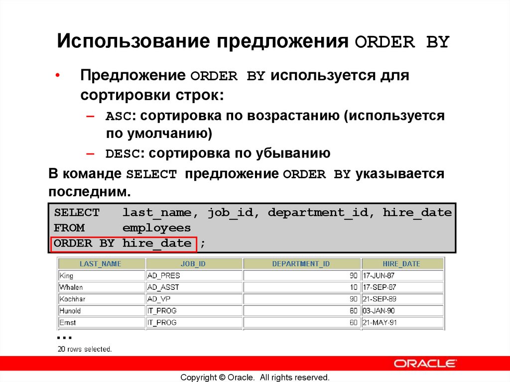 Использование предложения ORDER BY