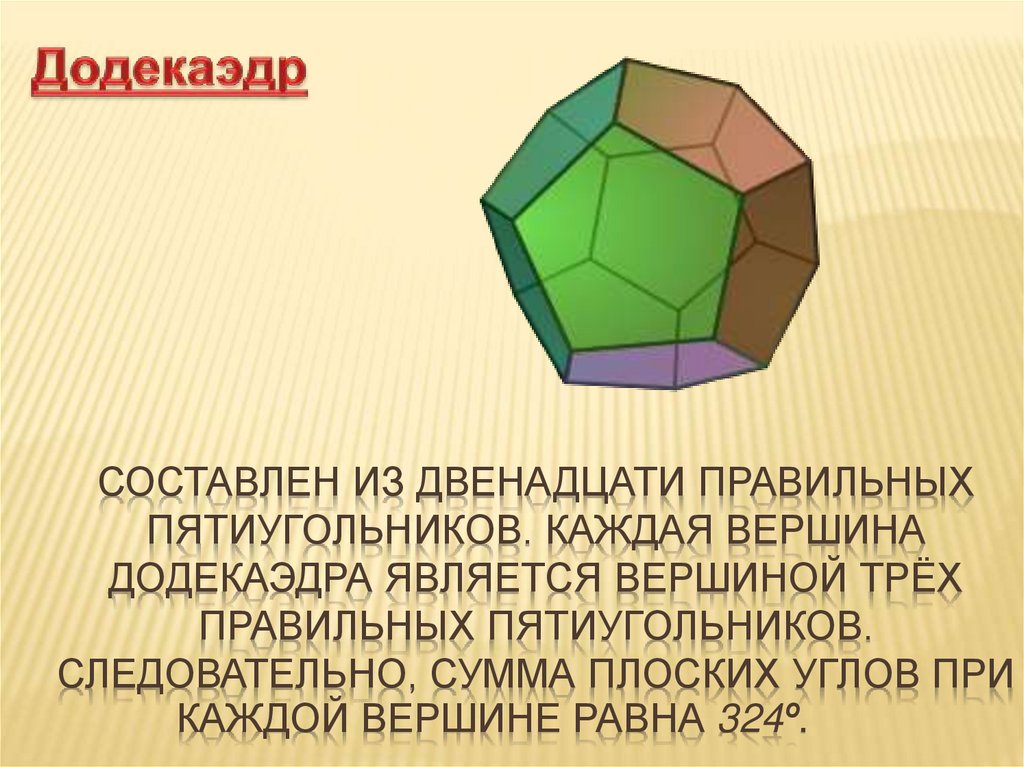 Составлен из двенадцати правильных пятиугольников. Каждая вершина додекаэдра является вершиной трёх правильных пятиугольников.