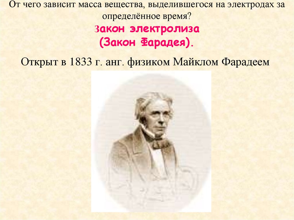От чего зависит масса вещества, выделившегося на электродах за определённое время? Закон электролиза (Закон Фарадея).