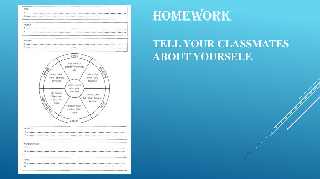 Homework Tell your classmates about yourself.
