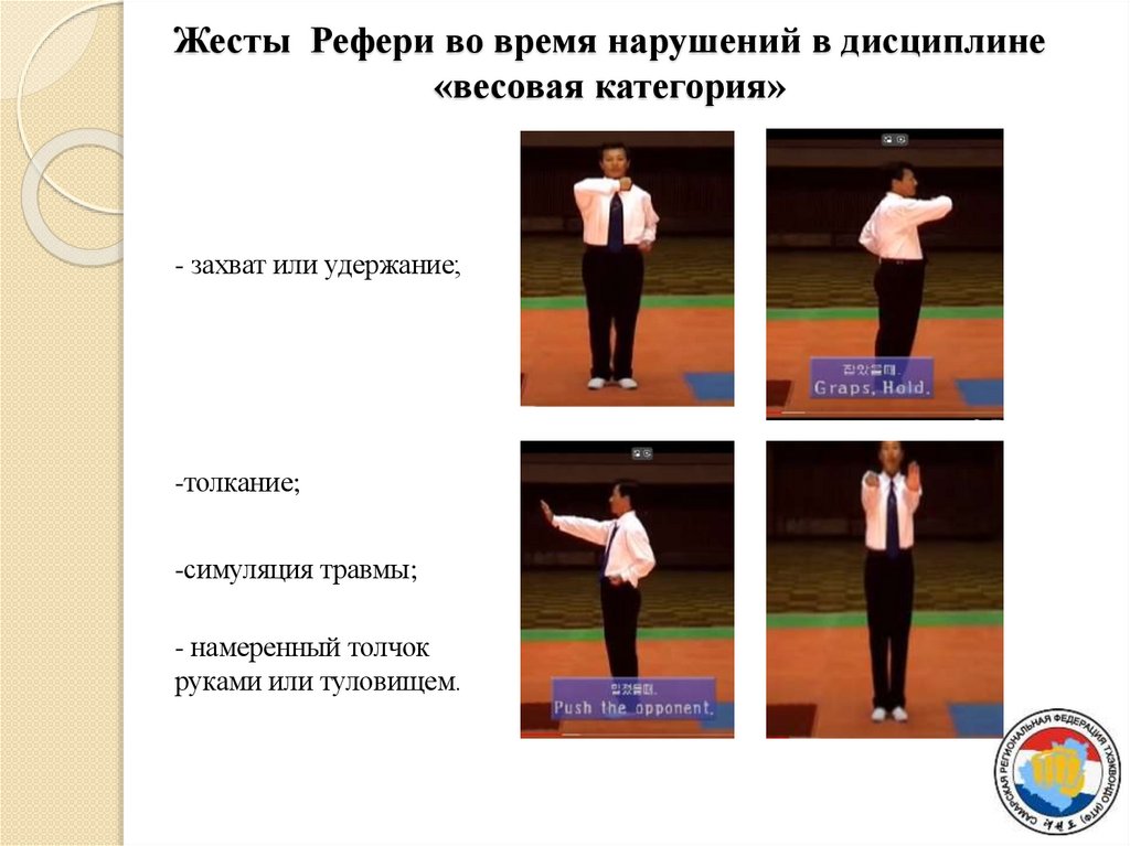 Жесты Рефери во время нарушений в дисциплине «весовая категория»