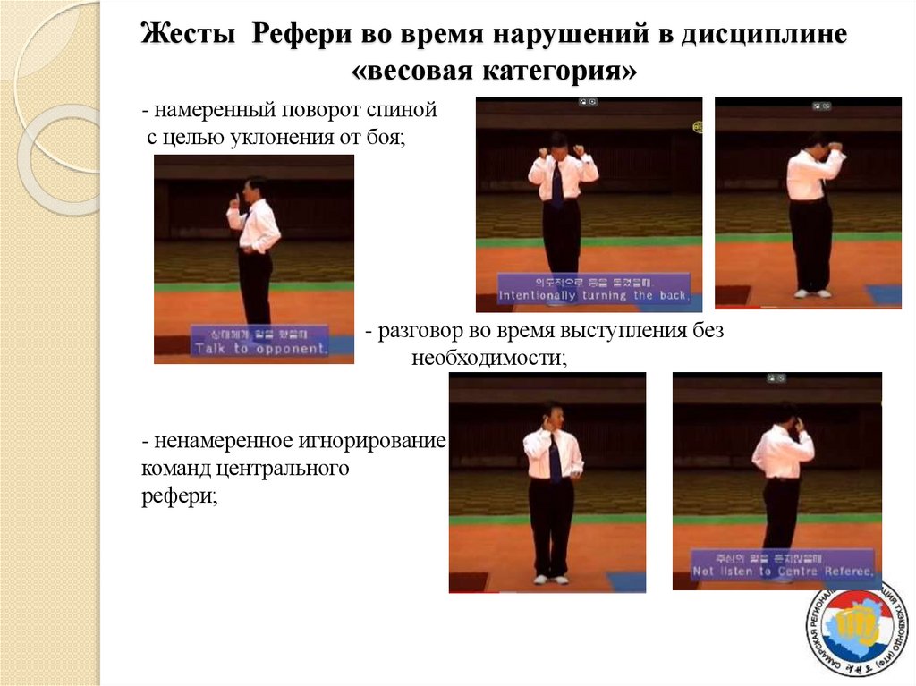Жесты Рефери во время нарушений в дисциплине «весовая категория»