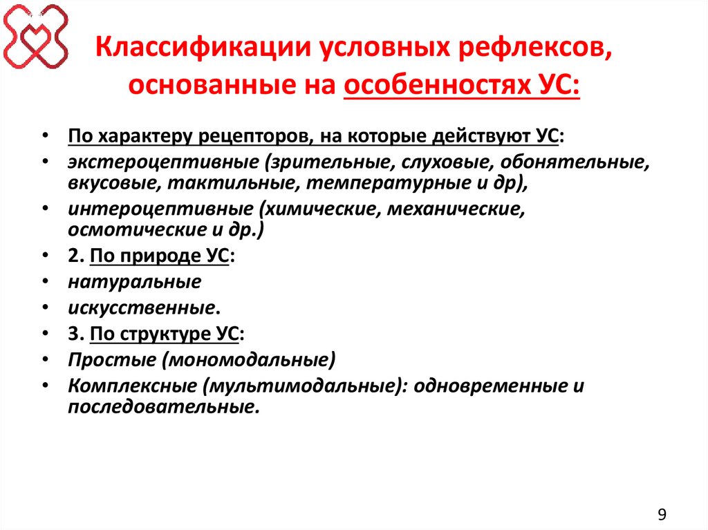 Классификации условных рефлексов, основанные на особенностях УС: