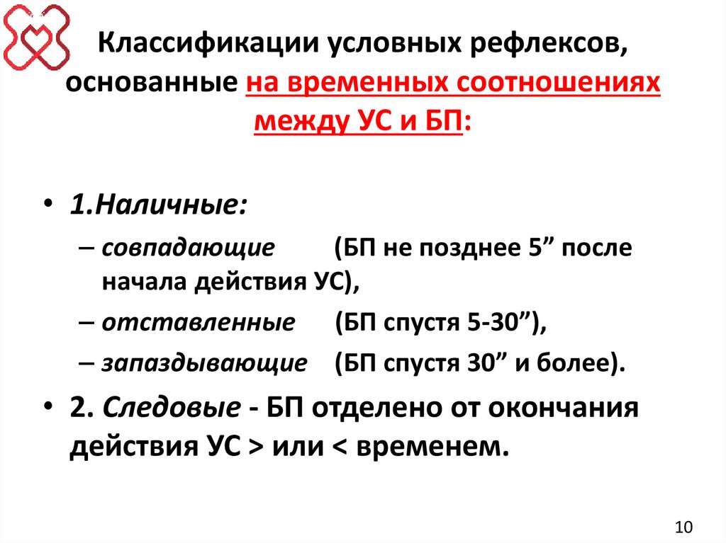 Классификации условных рефлексов, основанные на временных соотношениях между УС и БП: