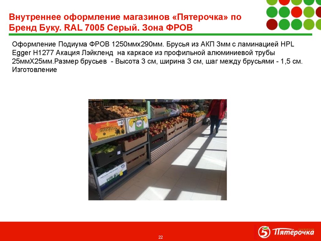 Внутреннее оформление магазинов «Пятерочка» по Бренд Буку. RAL 7005 Серый. Зона ФРОВ