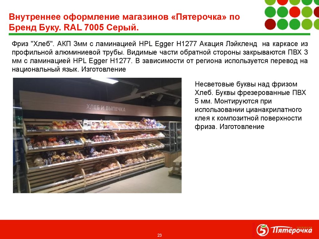 Внутреннее оформление магазинов «Пятерочка» по Бренд Буку. RAL 7005 Серый.