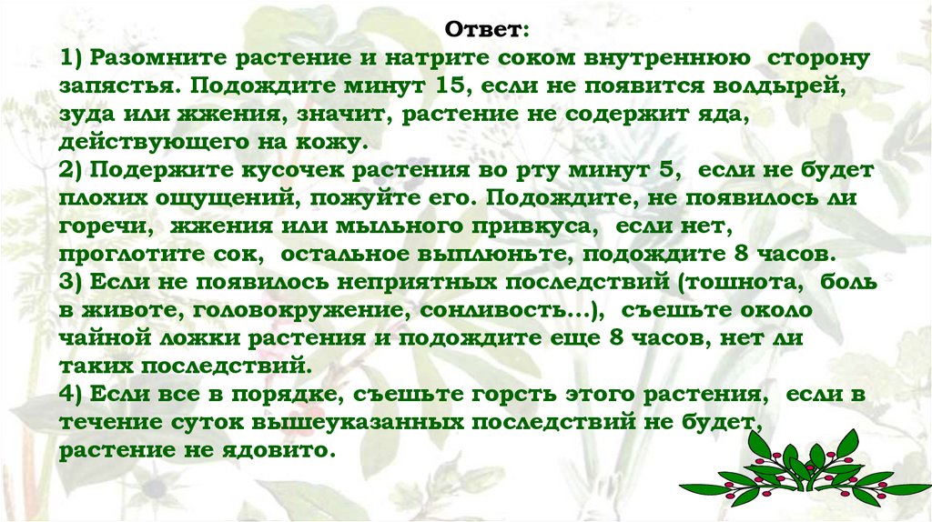 Ответ: 1) Разомните растение и натрите соком внутреннюю сторону запястья. Подождите минут 15, если не появится волдырей, зуда
