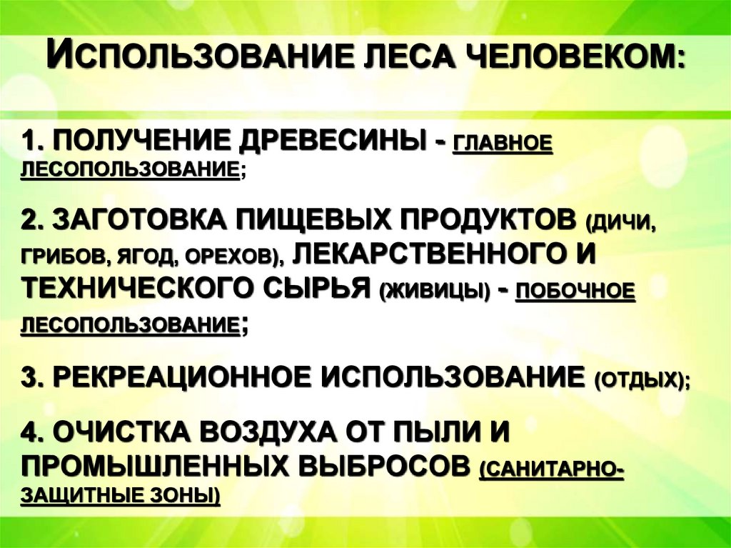 ИСПОЛЬЗОВАНИЕ ЛЕСА ЧЕЛОВЕКОМ: