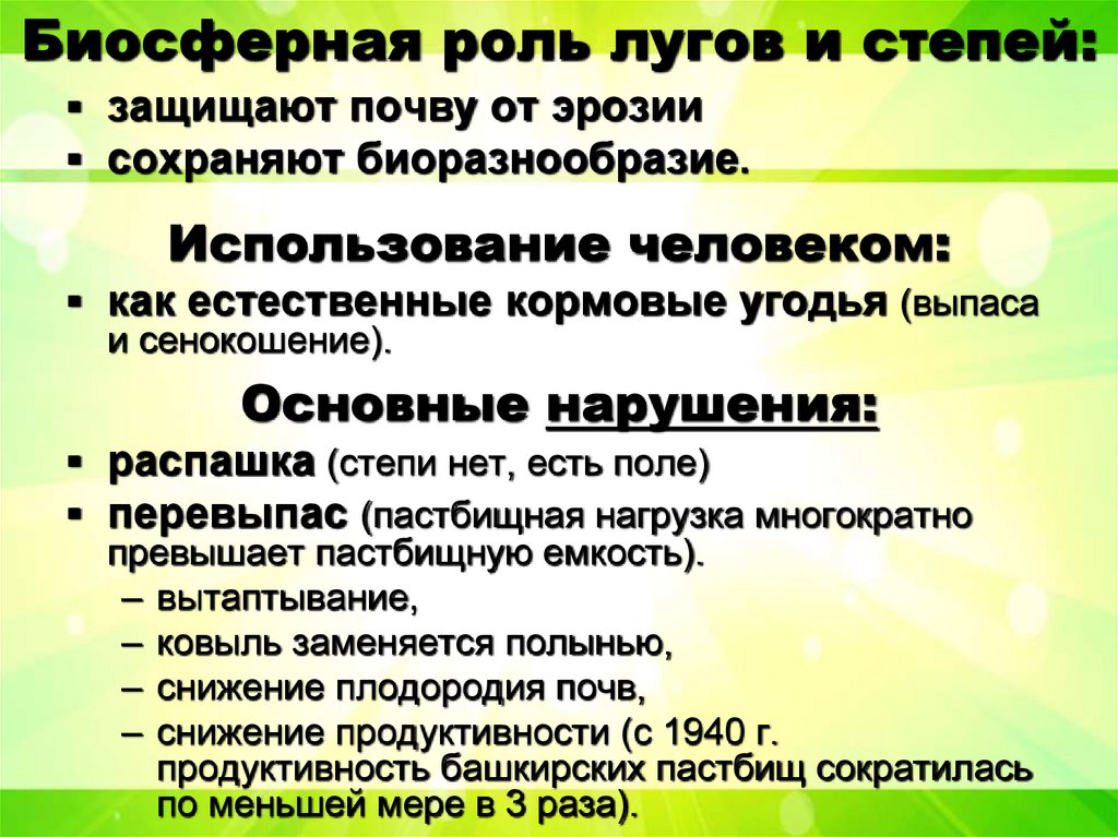 Биосферная роль лугов и степей: