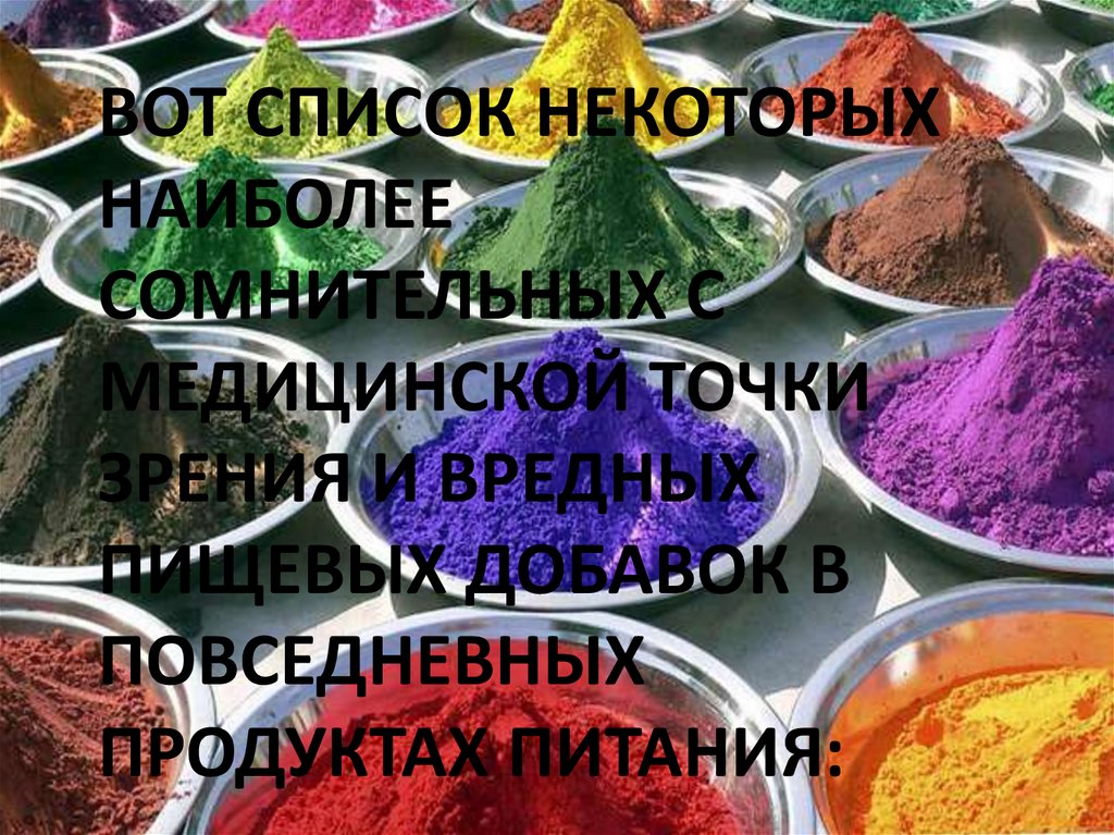 Вот список некоторых наиболее сомнительных с медицинской точки зрения и вредных пищевых добавок в повседневных продуктах