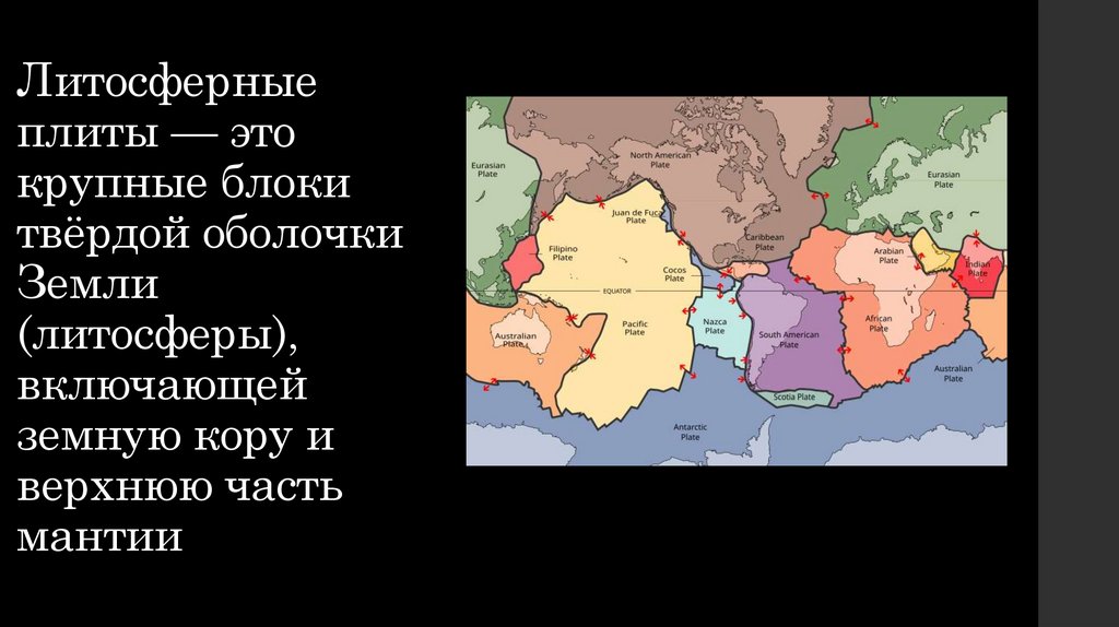 Литосферные плиты — это крупные блоки твёрдой оболочки Земли (литосферы), включающей земную кору и верхнюю часть мантии